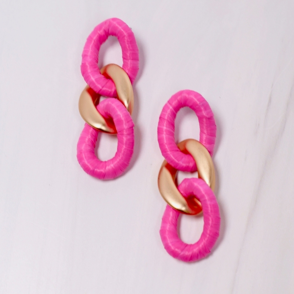Pink And Matte Gold Raffia Wrapped Link Post  Earrings